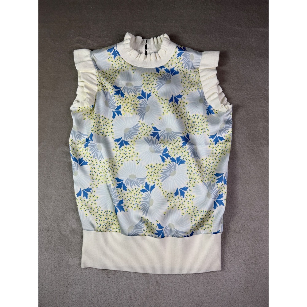 Ted Baker New Luseea Sky Blue Blouse Size 0 Small Woven Knit Top Floral Ruffle - Picture 3 of 12